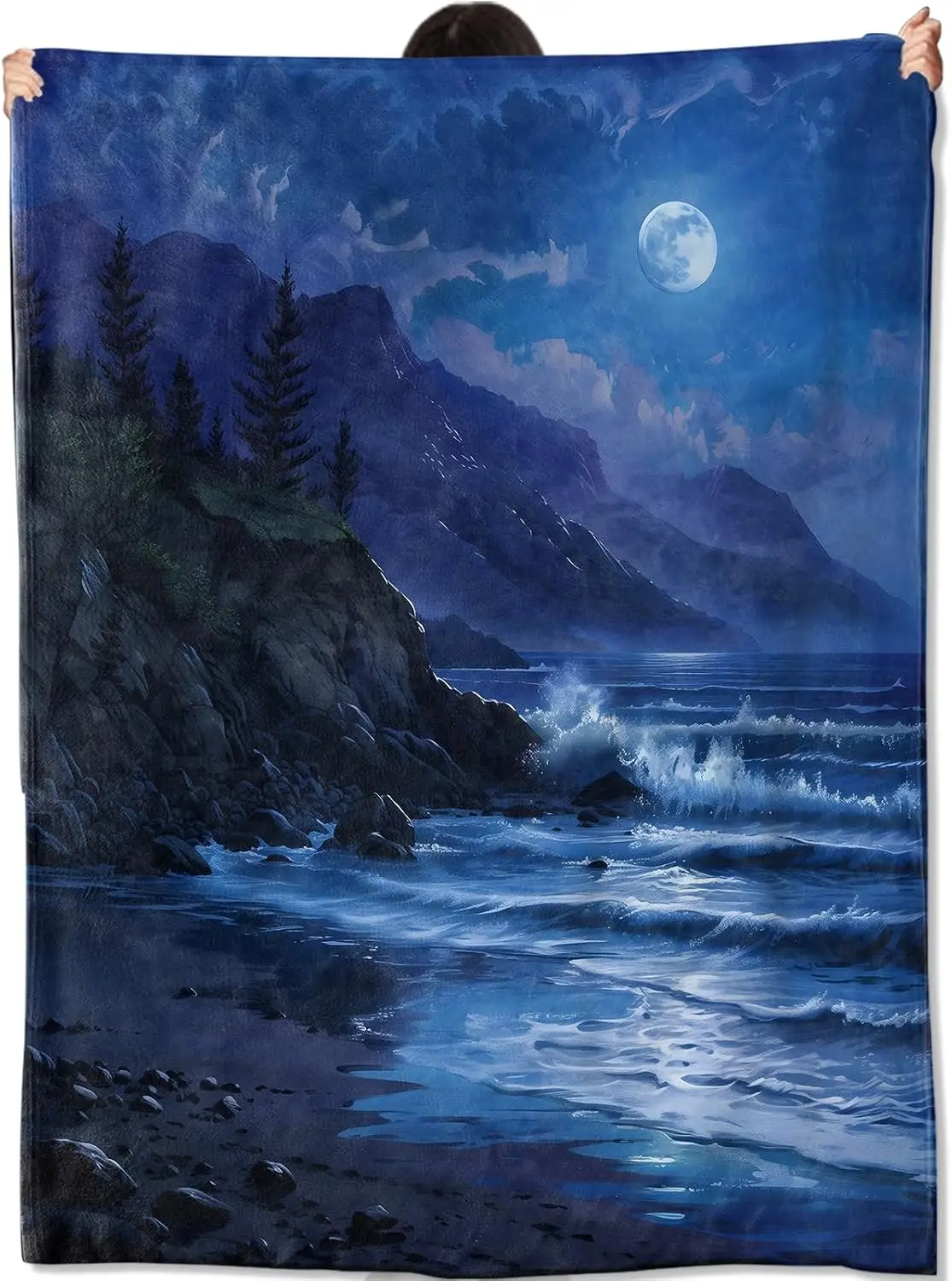 Midnight Blue Moonlit Coast Rocky Cliff Pine Forest Sea Wave Flannel Throw Blanket, Warm Cozy Blanket, Night Scenic Decor Gift