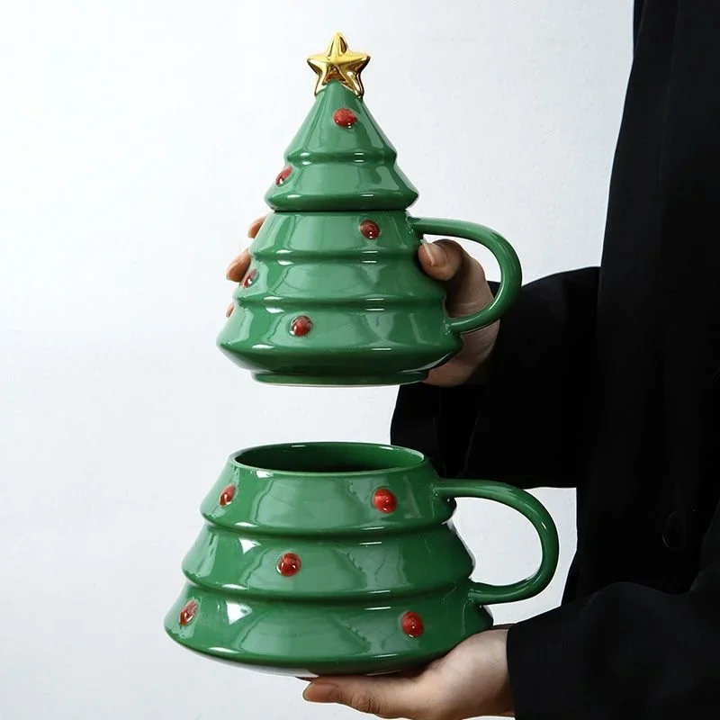 Ceramic Christmas Tree Mug Coffee Cup With Lid Cute Holiday Water Cup Milk Tea Drinkware Christmas Party Gift Photo Props