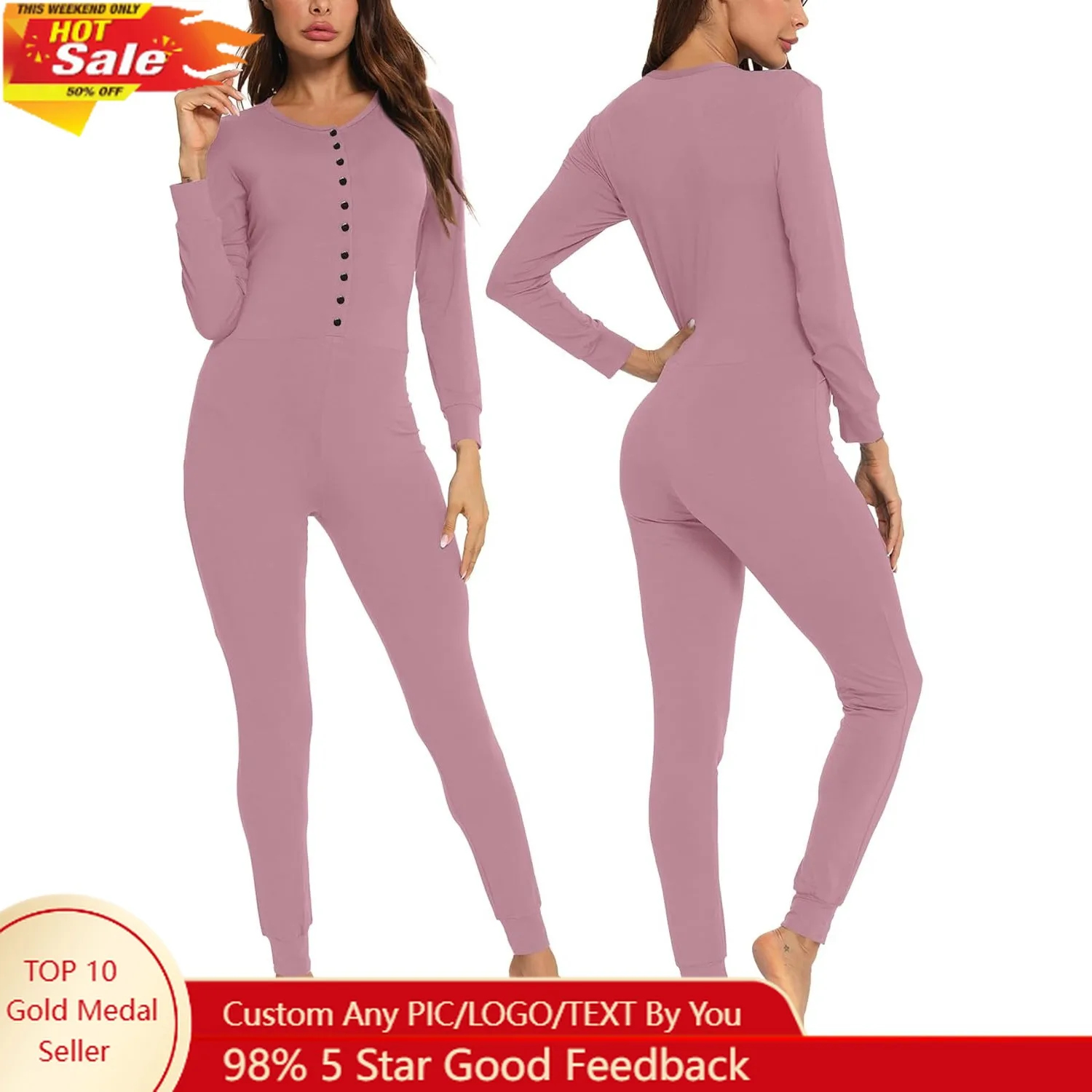 

Womens Onesie Pajama Jumpsuits Adult One Piece Sleepwear Button Bodysuit Modal Underwear Set Long Sleeve Union Suit