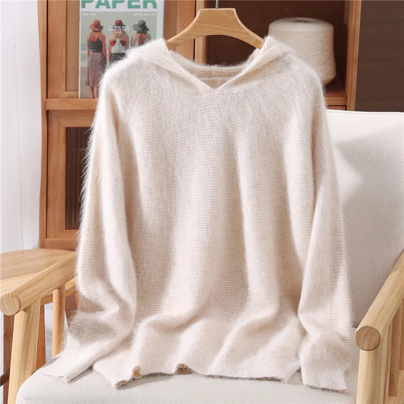 기본 100% 밍크 캐시미어 솔리드 컬러 후드 스웨터 긴 소매 풀오버 여성 편안한 따뜻한 부드러운 패션 의류 탑