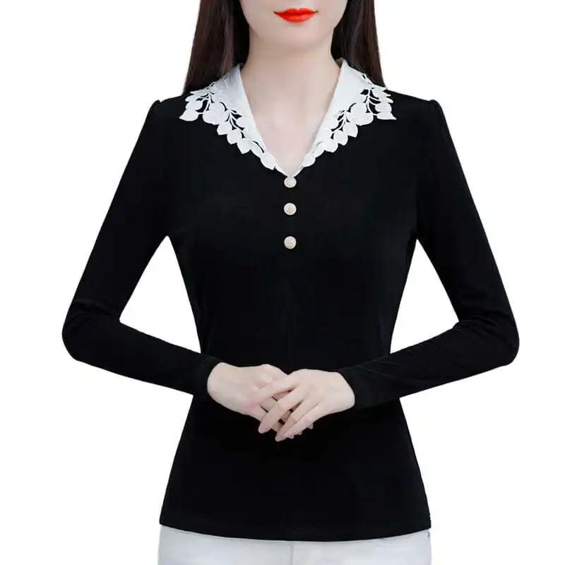 Fashion Woman Blouses 2023 Solid Color V-Neck Long Sleeve Autumn Winter Thick Moto Biker Office Lady All-match Button Pullovers