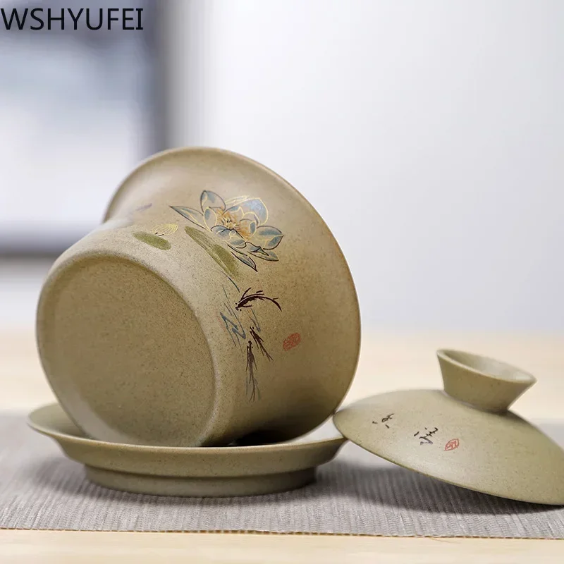 WSHYUFEI Jingdezhen ceramic Gaiwan bowl Chinese style Stoneware retro tea set Handmade Bubble tea bowl Travel Tea cup 150ml