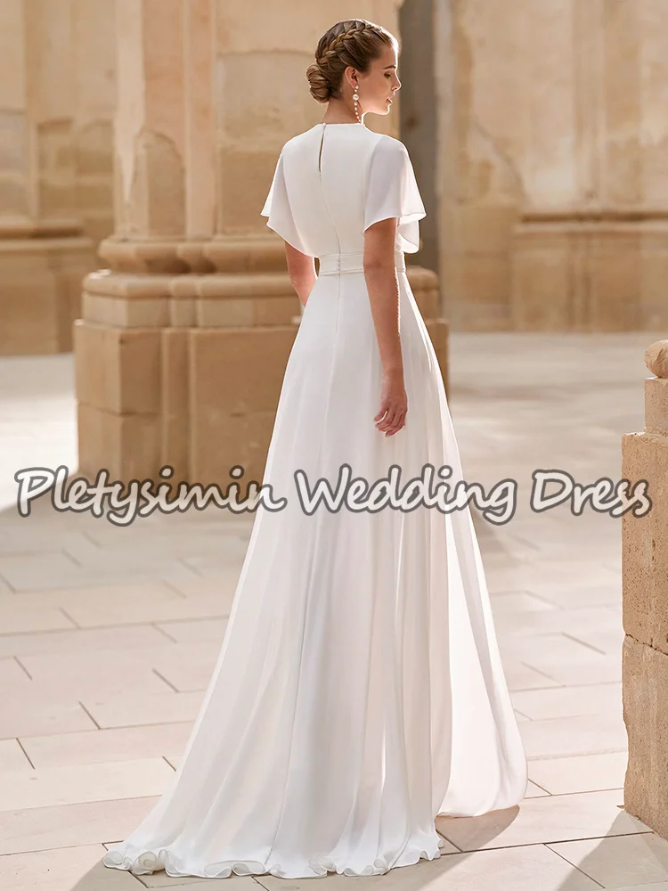 ボヘミアン シンプル ウェディング キュロットドレス Vネック クレープ ブライダル ジャンプスーツ 女性用 エレガント ケープスリーブ ローブ・ド・マリエ カスタマイズ可能