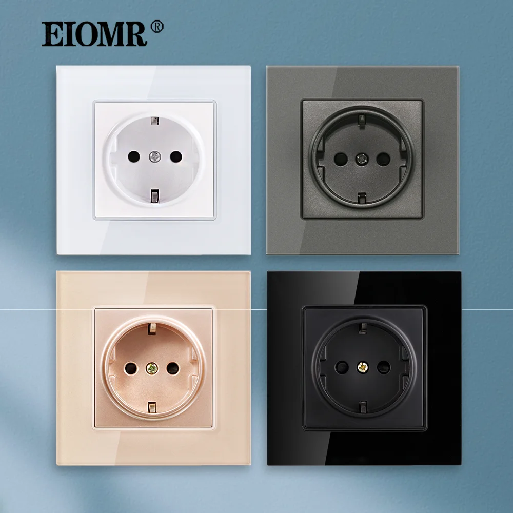 EIOMR EU Standard 16A Wall Socket AC 110-220V White Black Grey Crystal Glass Panel Electrical Outlet for Electrical Appliances