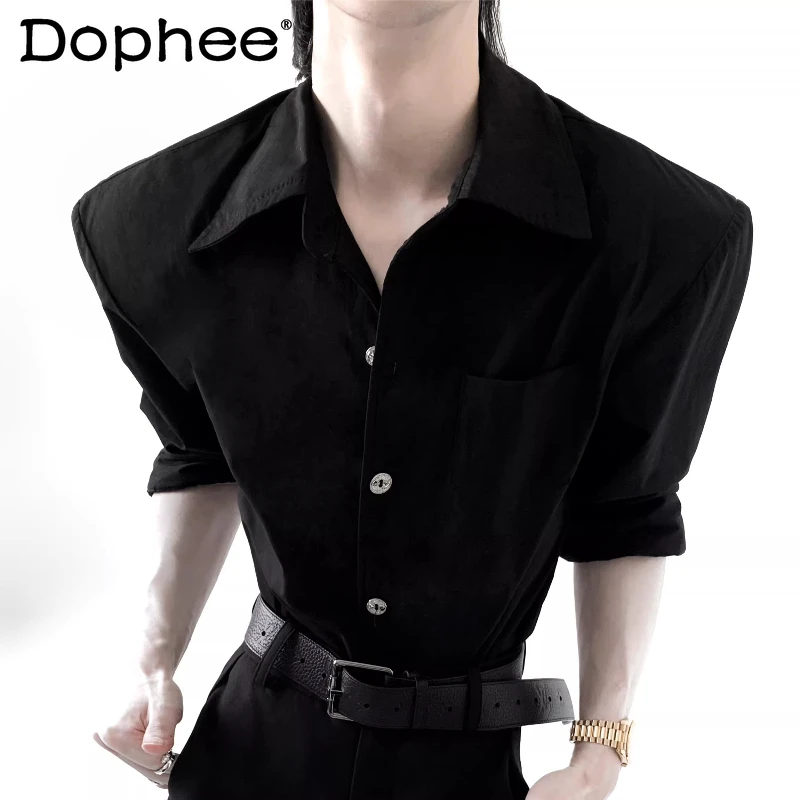 

Fashion Waist-tight Padded Shoulder Shirts Men's 2026 Spring Lapel High-end Button Decoration Shirts Simple Cotton Comfort Tops