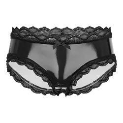 Mens Lingerie Lace Trim Open Crotch Briefs Underwear Wet Look Patent Leather Low Rise Hollow Out Back Crotchless Underpants