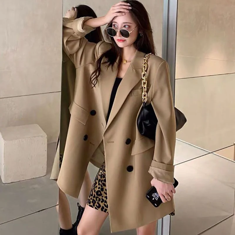 Frauen Mode High Street Blazer solide lässig zweireihig elegante Outwear fallen koreanische lose Taschen Design Büro Dame Anzug