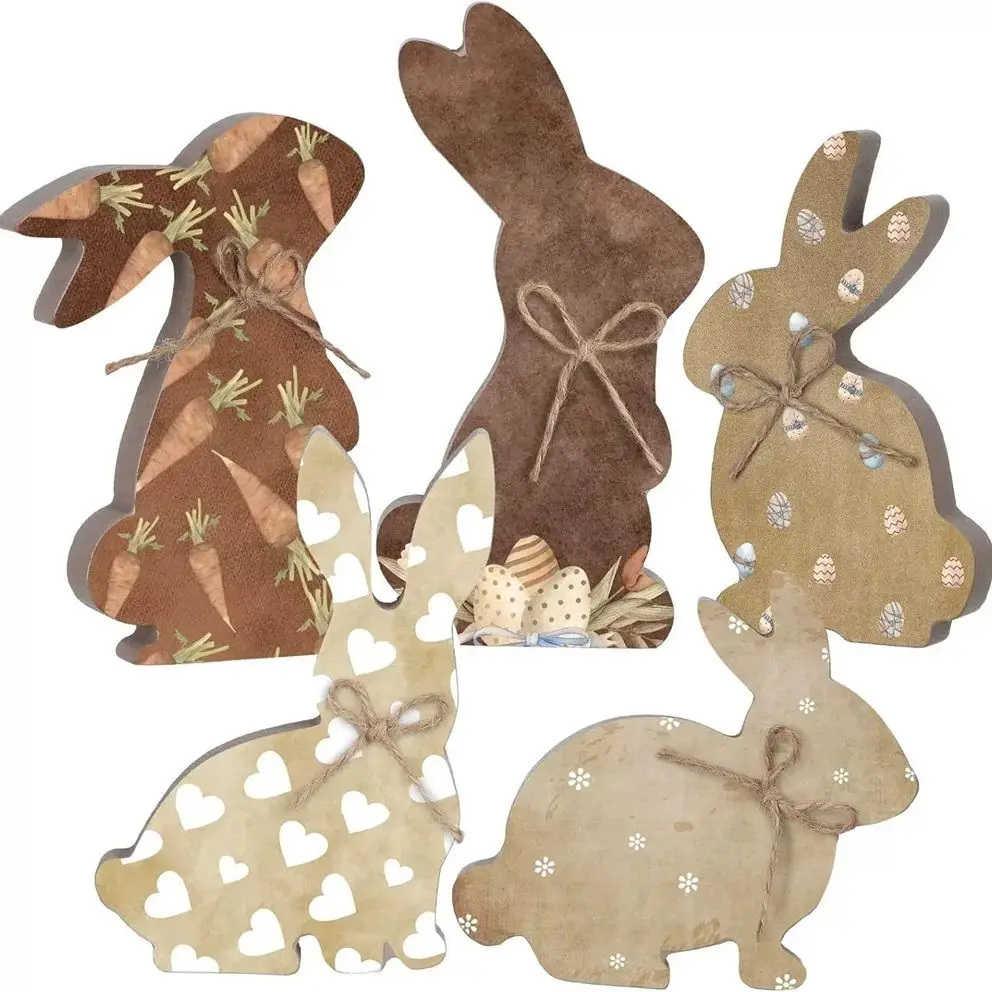 5pcs Rustic Wooden Easter Bunny Signs Freestanding Rabbit Tabletop Ornament with Bows for Spring Party Home Decor Supplies Props