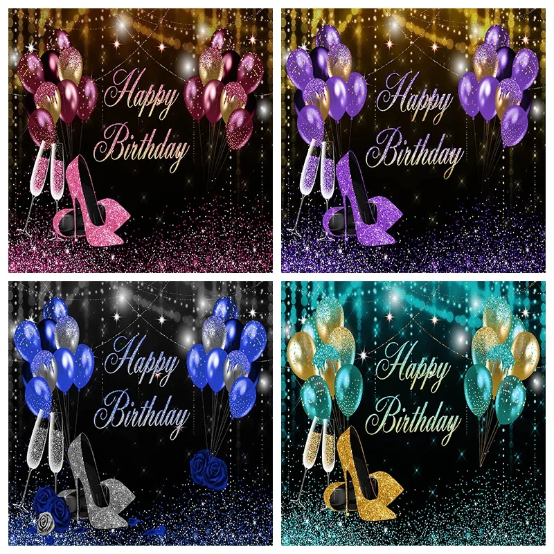 Mocsicka Women Birthday Decoration High Heels Purple Background Balloon Shining Neon Lamp Photography Adult Photo Backdrop Props