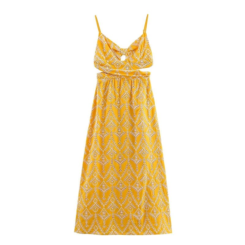 Sexy Spaghetti Straps Floral Embroidery Hollow Out Dresses Women Summer 2025 A-line Midi Dress Yellow Vestidos