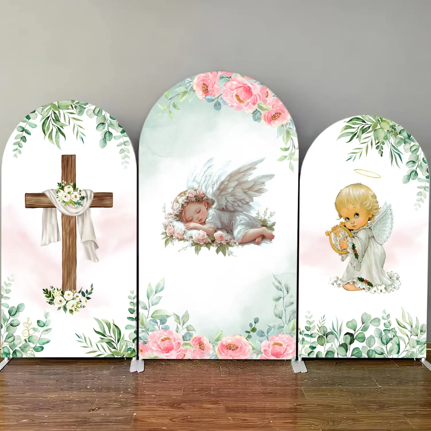 My First Holy Communion Arch Backdrop Cover Baby Baptism Flowers Green Leaf Girl Boy Christening Gold Bless Photo Background