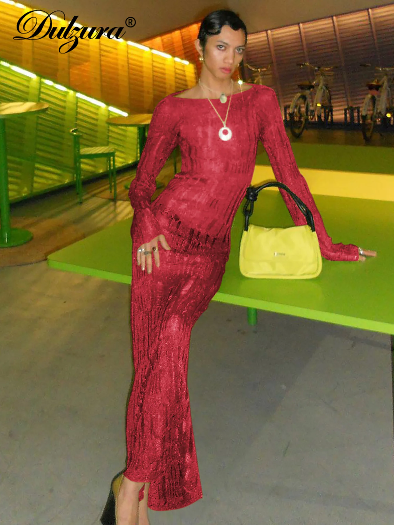 Dulzura Gebreide Gehaakte Vrouwen Jurken Uitgesneden Backless Lange Mouw Holle Maxi Jurk Sexy Party Club Nachtje Uit Evenementen Y2K Kleding