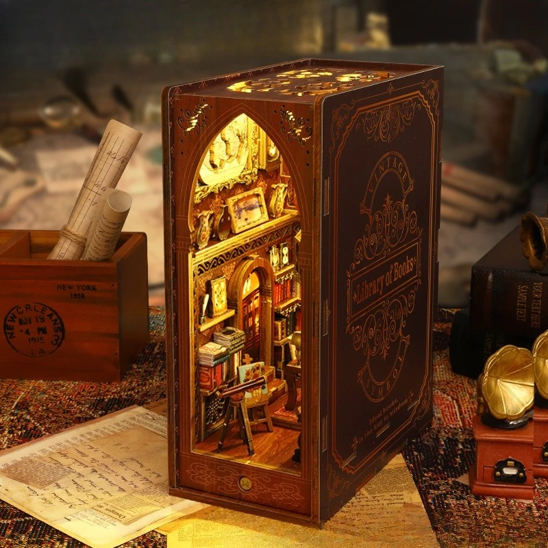 Stereo Micro Scene Book Storage Rack Kit, DIY Handcraft Mini Library Building Model as Creative Holiday Gift