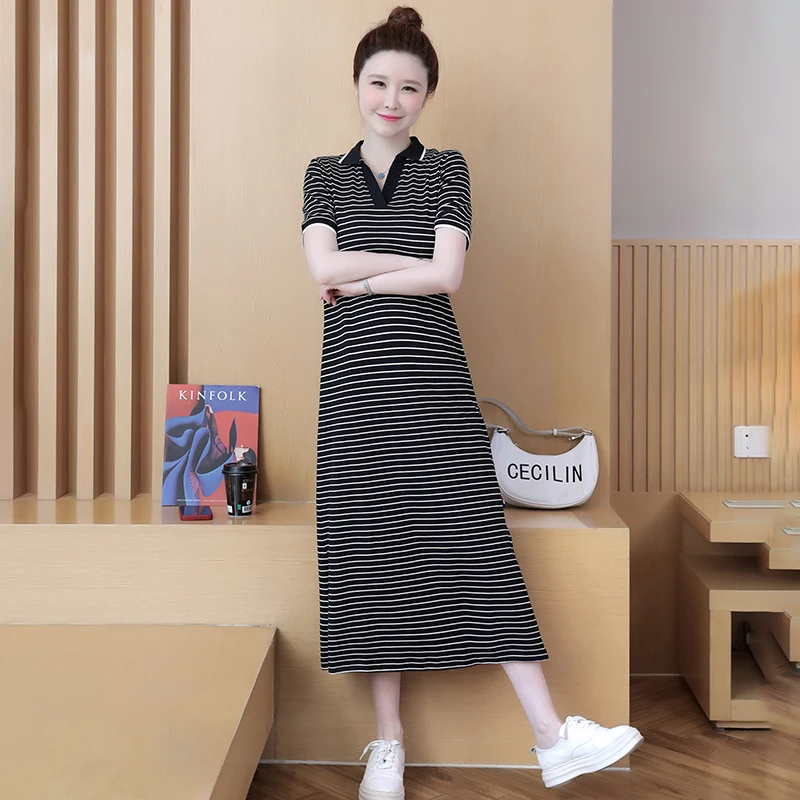 Summer Women Cotton T-shirt Dresses Female lapel Collar Short Sleeve Large Size Elegant A Line Black Stripe Below Knees Vestidos