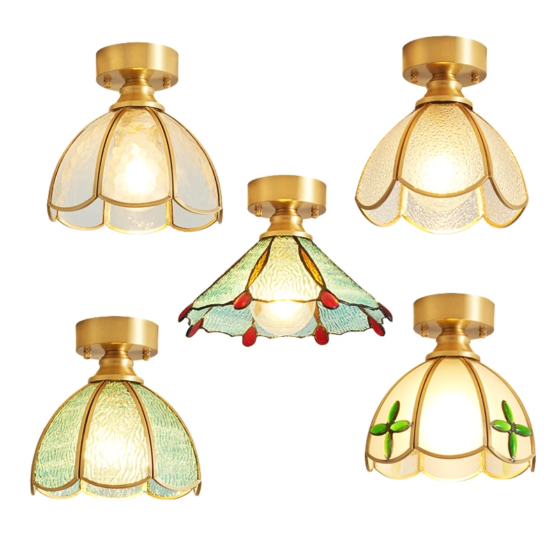 Retro Greek-style Classical Glass Ceiling Lamps Copper Frame Foyer Corridor Balcony Lamps Passageway Lamps and Lighting Fixtures