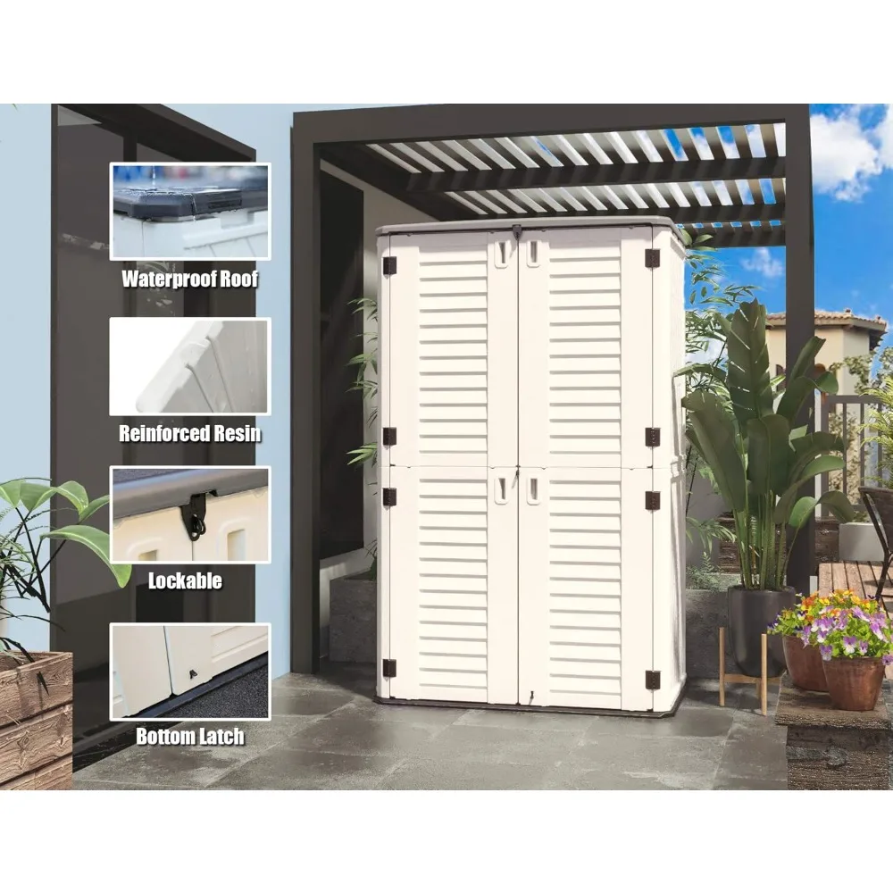 Outdoor Storage Cabinet Waterproof,Outdoor Storage Sheds with Floor, Double-Layer Storage Shed for Patios/Long-Handled Tools