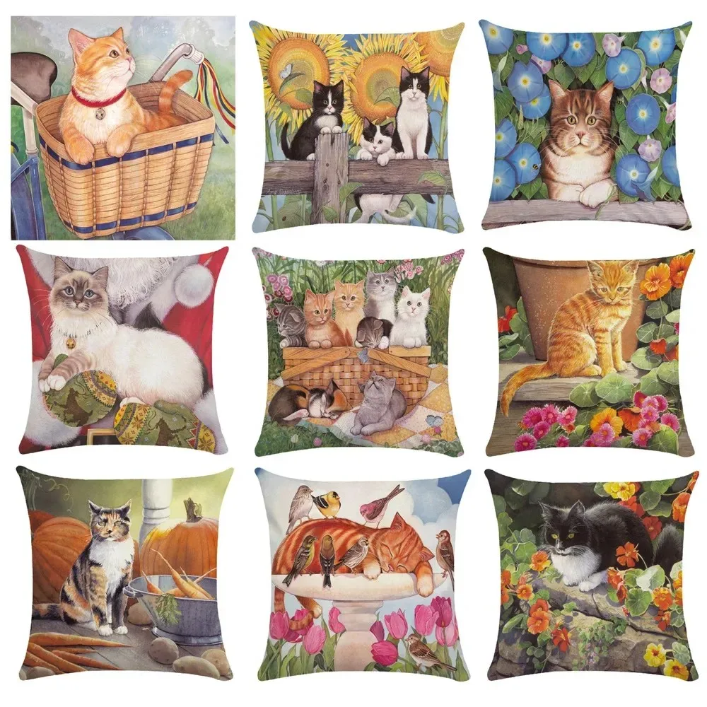 Cute Cat Garden Throw Pillow Covers Pattern Cushion Cover Suitable for Sofa Bedroom Car Pillow Cover