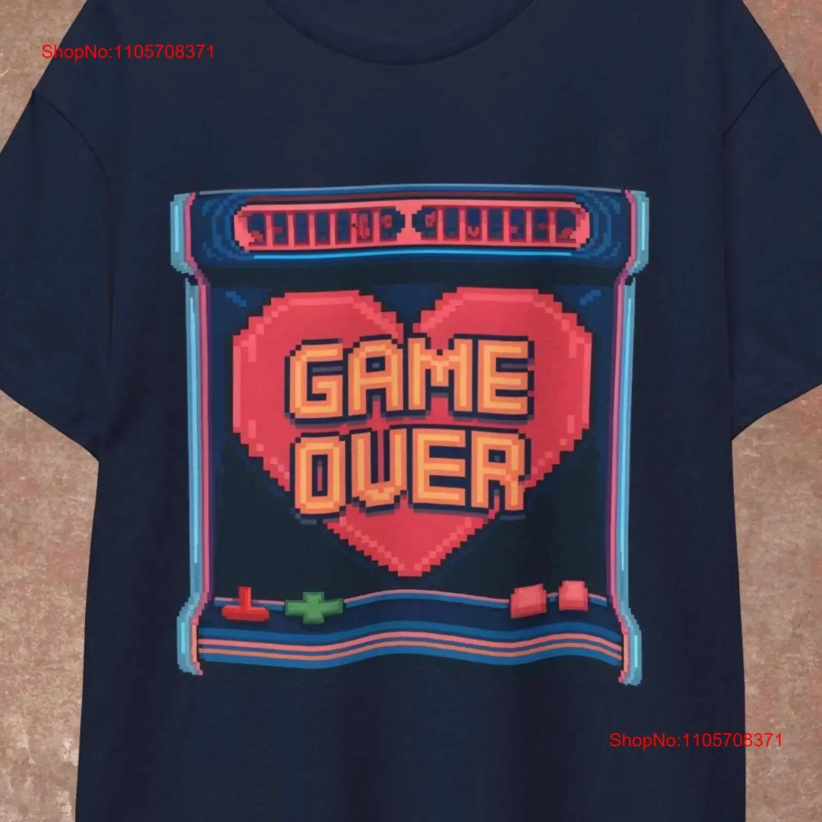 Game Over Pixelated Heart T Shirt Retro 80s Neon Design on Navy Blue Fun for Gamers and Nostalgia Lovers Heavy Duty vintage