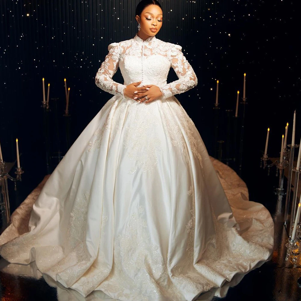 

Well Design High Neck Lace Applique Muslim Wedding Dresses Buttons Vestidos De Noiva Long Sleeves Ballgown Bridal Gowns