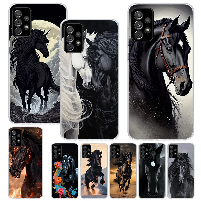 Animal Black Horse Phone Case For Samsung Galaxy A15 A55 A14 A54 A13 A53 A12 A52S A25 A24 A35 A34 A23 A33 A22 A32 A04S A03S A05S