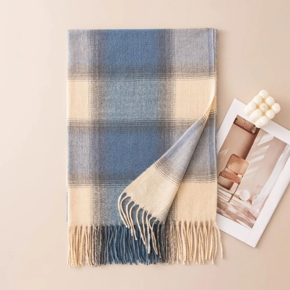 Durable Preppy Style Women's Winter Scarf Cozy Soft Preppy Plaid Scarf Tassel Fringe Long Checkered Shawl Winter Outfit
