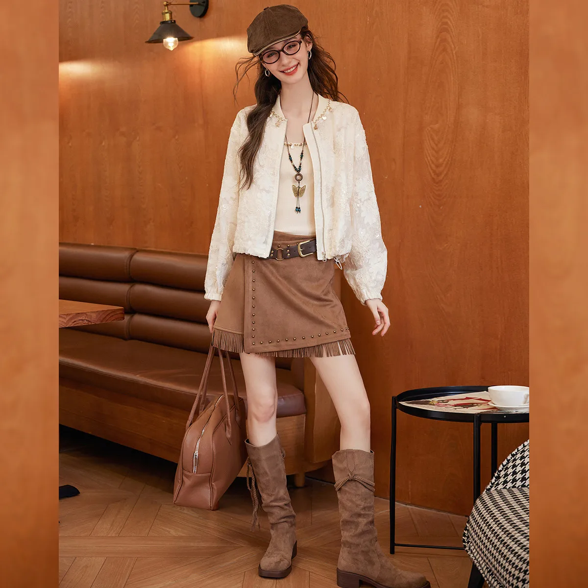 LOUIS YAO Exquisite Embroidered Zipper Coat 2025 Autumn Gentle and Romantic Color Contrasting Ribbon Splicing Women's Cardigan