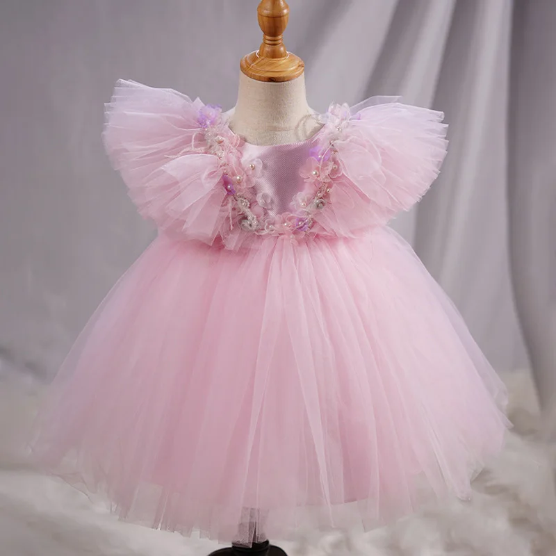 Baby Kids Princess Satin Pearls Bow Flower Girl Dress Children First Communion Dress Ball Gown Wedding Party Dress Birthday