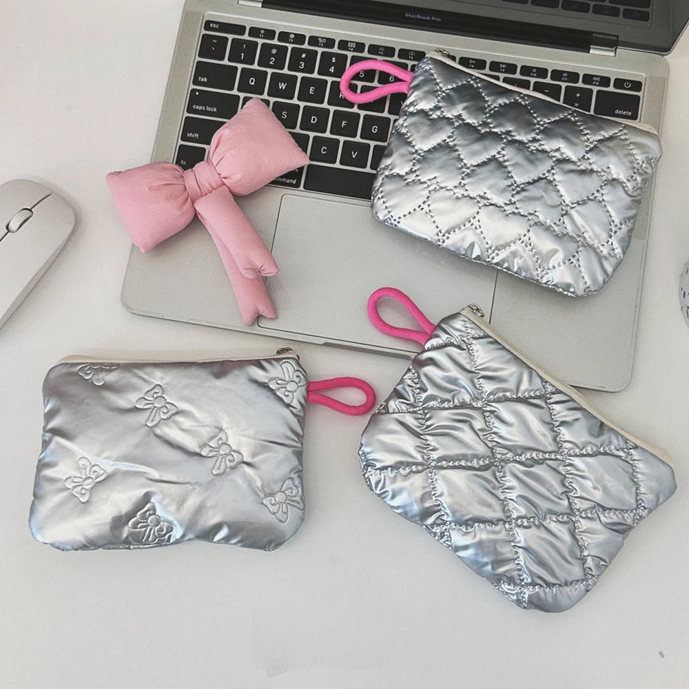 Silver Lingge Bow Pattern Coin Purses Small Canvas Coin Wallet Zipper Pouch Lady Girls Earphone Coin Key Money Storage Bag