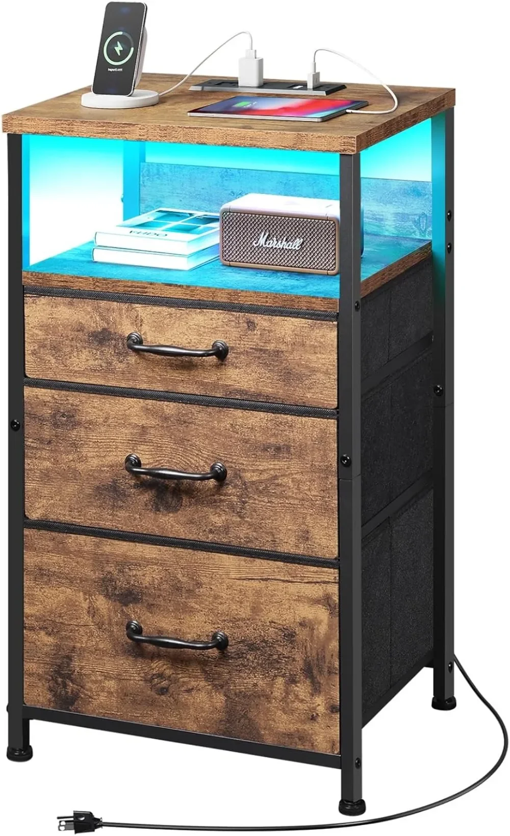 

Nightstand with Charging Station, LED Night Stand with Drawers (Fabric),bedside table with Open Shelf,End Table with Steel Frame