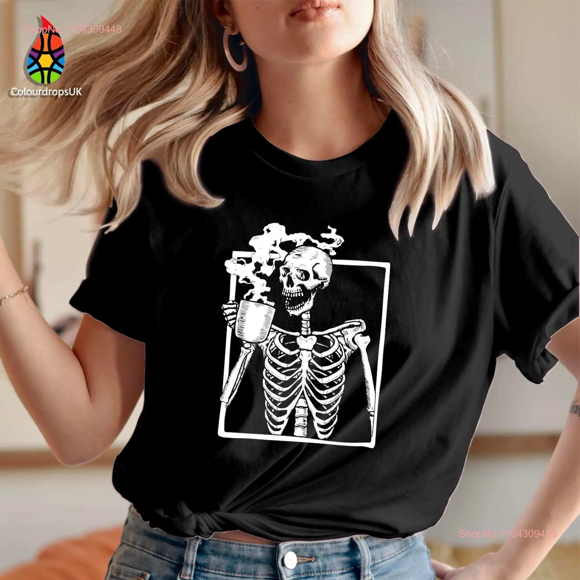 TSHIRT 1746 Halloween Skeleton Drinking Coffee print Happy Treat or Trick Ghost Witches Spooky pumpkin scary