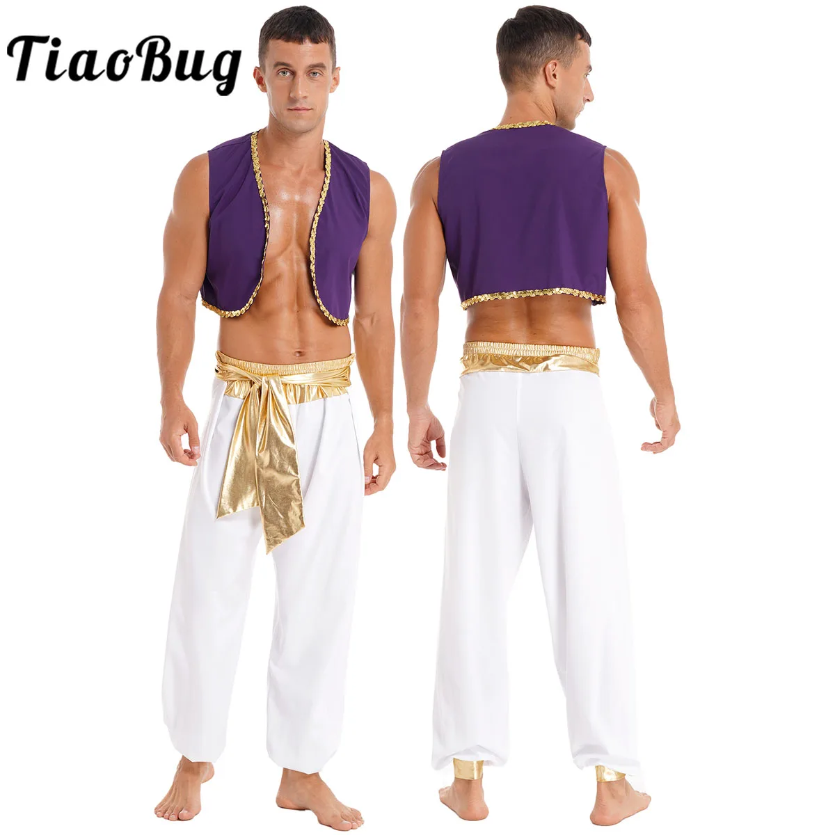 

Mens Arab Prince Costume Persian Arabian Halloween Role Play Waistcoat Top with Harem Pant Suit Carnival Dress Up Outfits