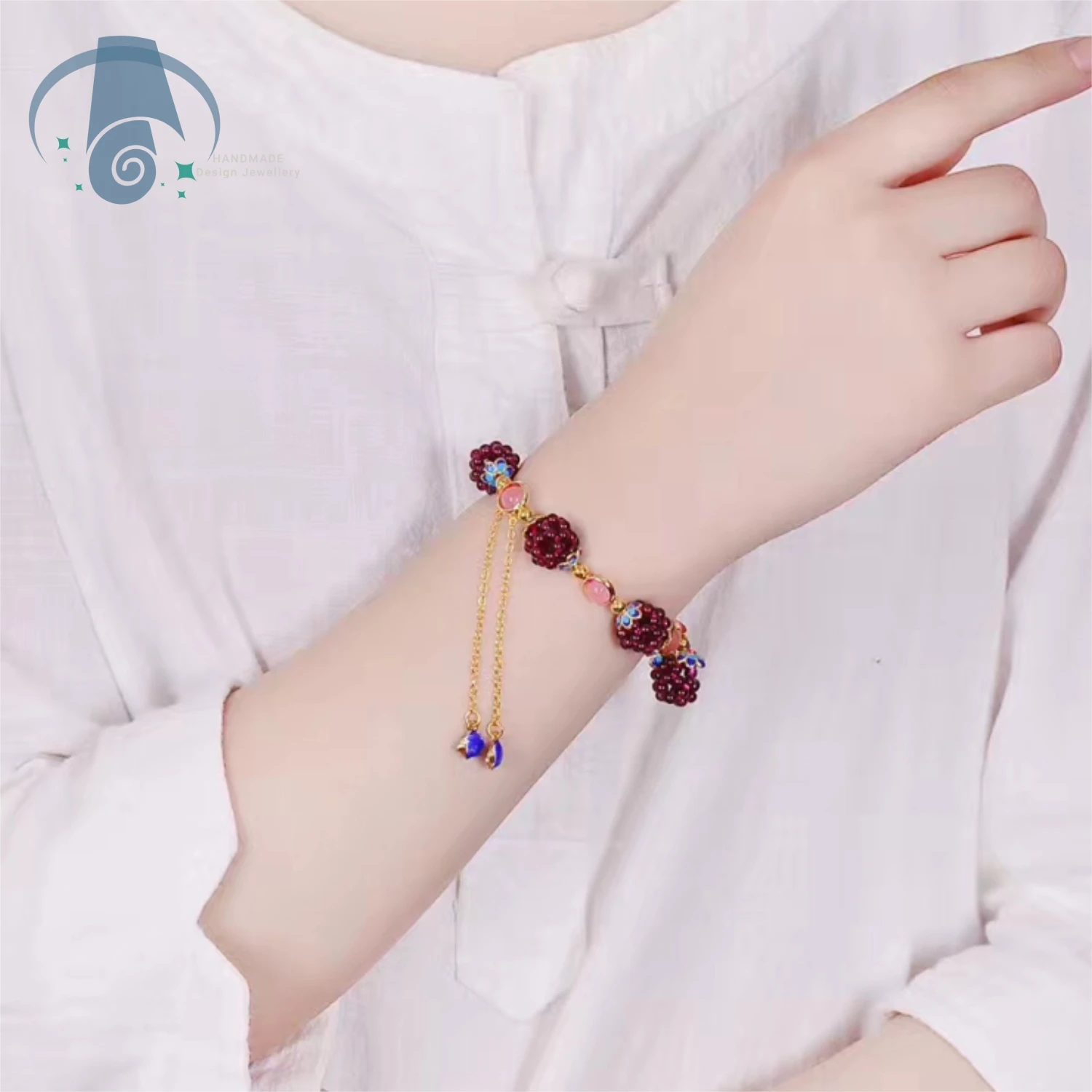 

Natural Garnet Bracelet Handmade Crochet Beaded Hollow Fish Charm Single Strand Bohemian Jewelry for Women Perfect Gift for Her