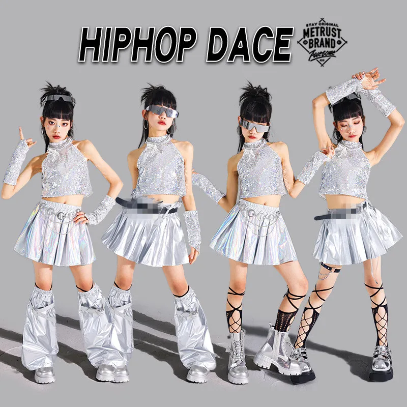 Hip Hop Girls Sequin Silver Crop Top Shiny Pleated Skirt Kids K-pop Streetwear Children Jazz Girl Group Street Dance Clothes Set