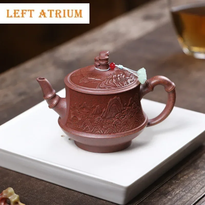 

250ml Yixing Purple Clay Teapots Handmade View Mountains Bamboo Joint Pot Raw Ore Wood-fired Porcelain Mud Kettle Zisha Tea Set