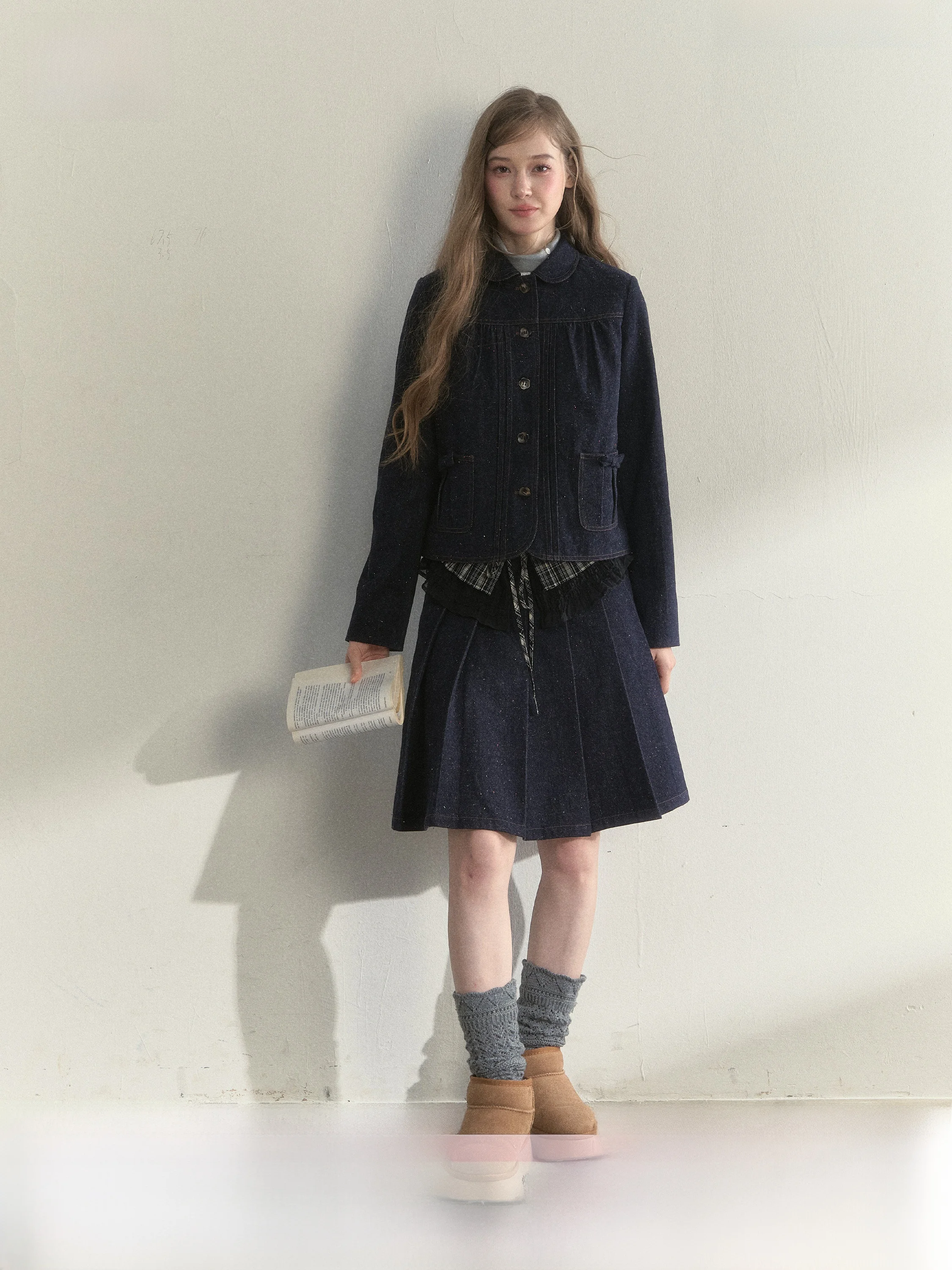 

SunsetPark Vintage Doll Collar Color Dot Denim Cotton Blend Jaet Skirt Set ort Sve Button up Women's Faion Ensemble