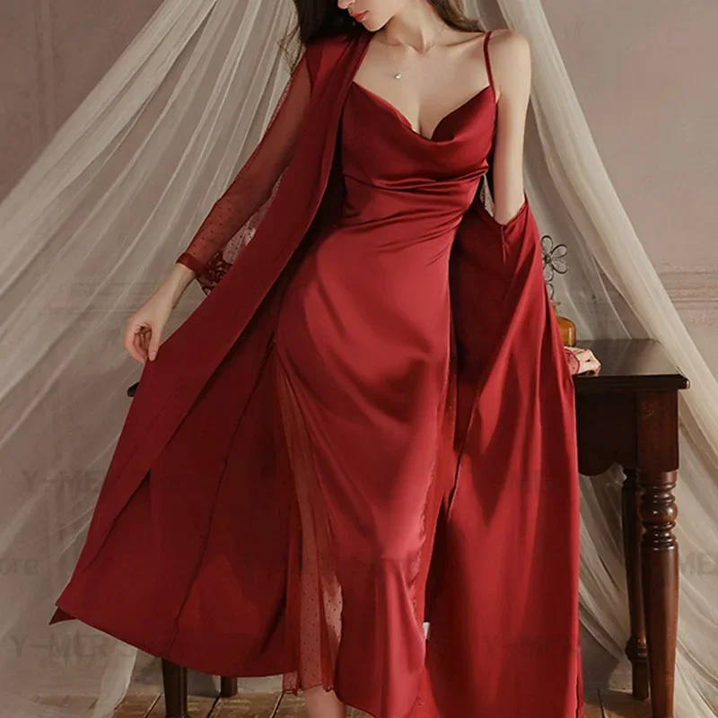 

Женский кружевной длинный халат, комплект, сексуальная сетчатая ночная рубашка, элегантная одежда для сна из ледяного шелка, женский свадебный халат для невесты, свободная домашняя одежда