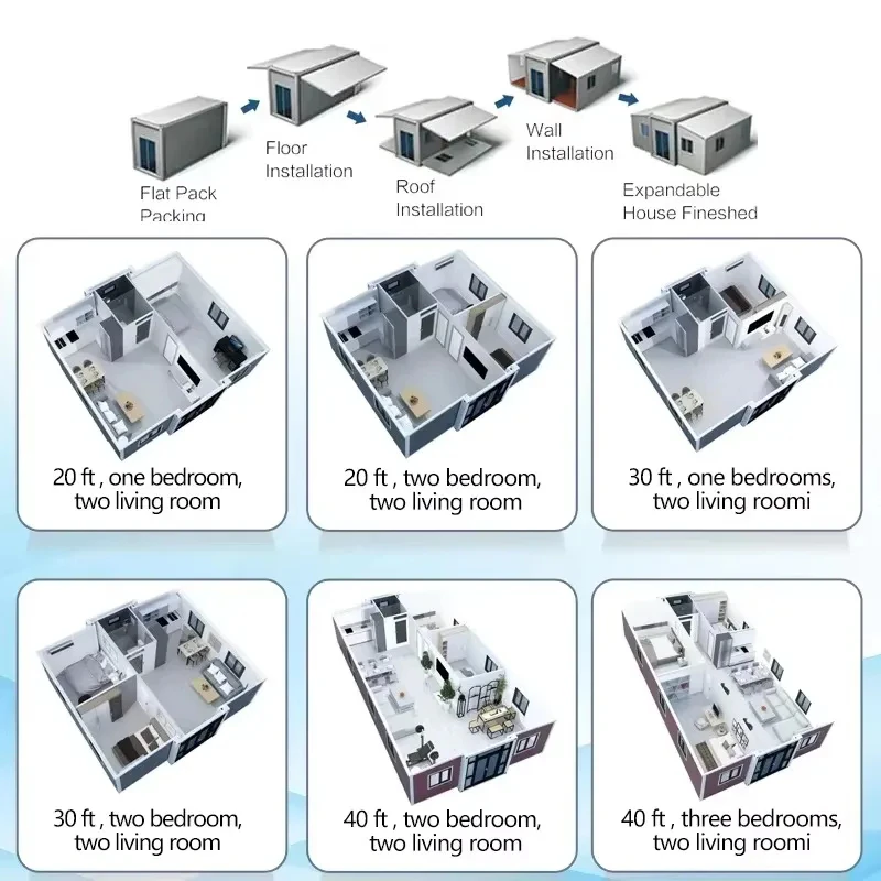 20피트 40피트 확장형 컨테이너 하우스 2~4개 침실 소형 주택, 창고 기준 준수, 주방 및 욕실 포함 할머니 플랫 판매