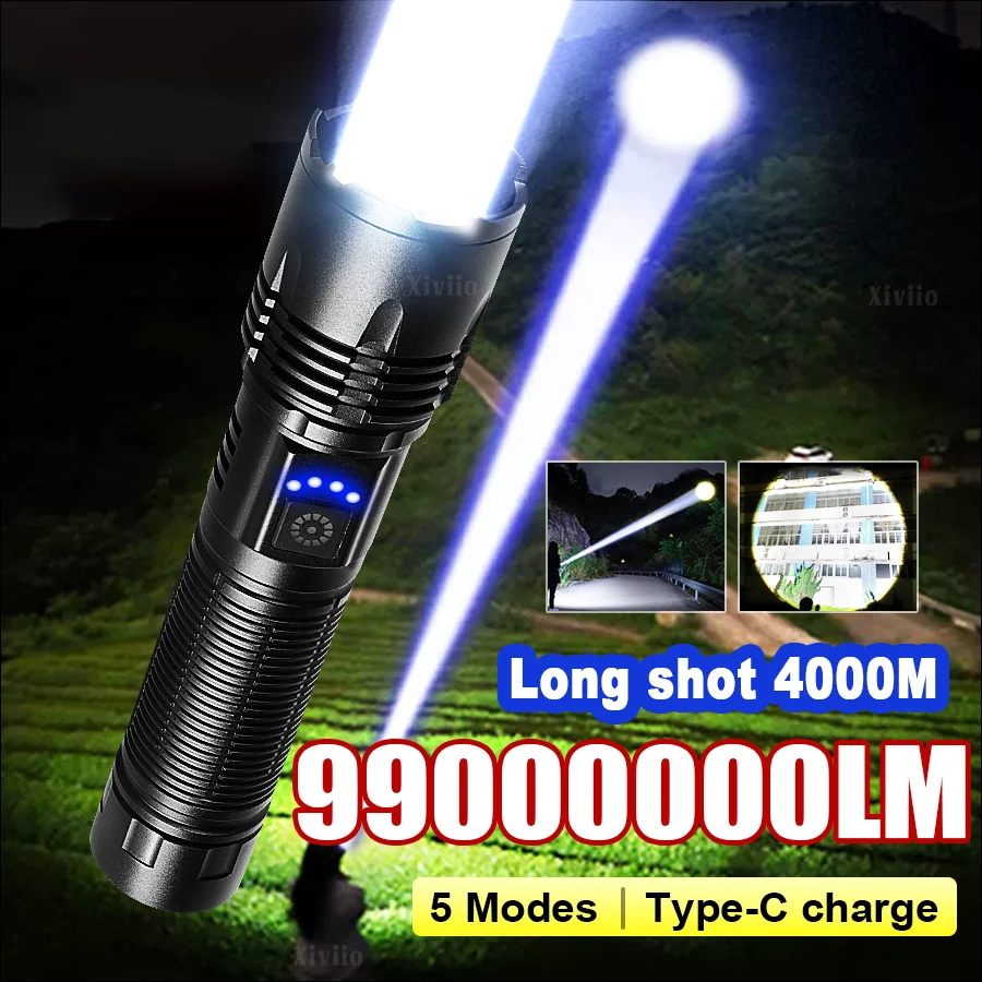 

2026 White Laser Super Big Flashlight Rechargeable 4KM Most Strong LED Flash Light Long Range Torch Zoom Outdoor Camping Lantern