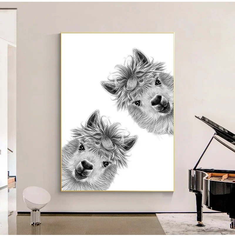 Black White Animal Canvas Poster CUTE CURIOUS LLAMA Nursery Prints Nordic Kids Decorative Painting Picture Children Room Decor