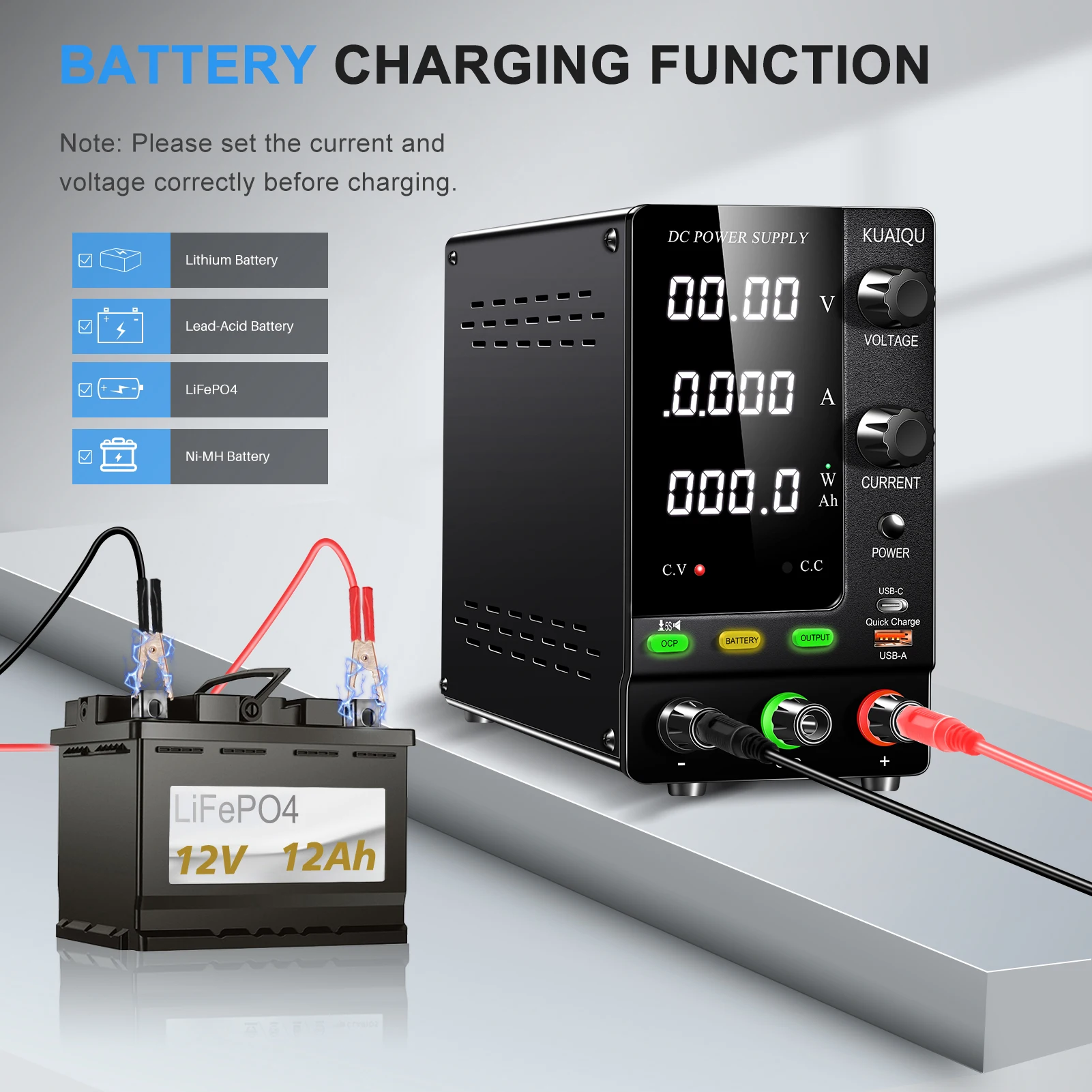 2024 Newest Model Battery Charge LAB DC Power Supply Adjustable OCP Output Switch USB Type-C Quick Charging 30V 10A 60V 120V 3A