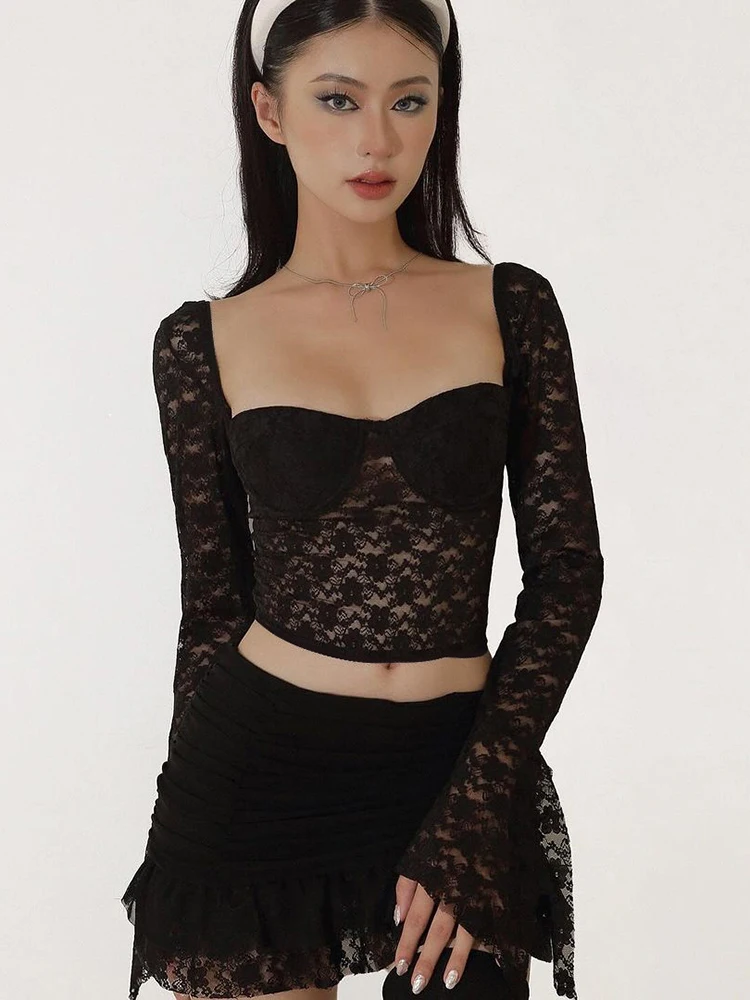 Women Lace Skirt Sets 90s Vintage Long Sleeve T-shirt with A-Line Mini Skirts Y2k Elegant Two Piece Suit 2000s Cutecore Clothes