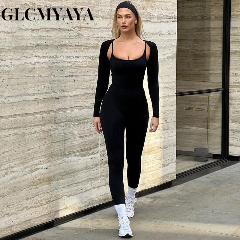 GLCMYAYA Women Streetwear Slim High Strecth Romper 2023 Casual Sporty Basics Solid Shawl Long Sleeve Jumpsuits 2 Piece Set