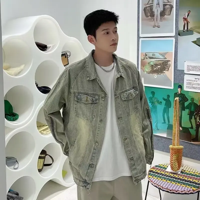 

Свободный повседневный мужской джинсовый джинт, весенне-осенний модный американский джинсовый джинт с воротником на бедрах, верхняя одежда Haome, топ