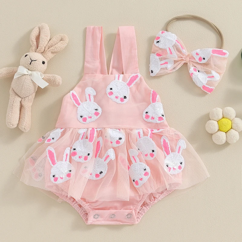 Newborn Baby Girl 2Pcs Summer Outfits Sleeveless Cross Back Bunny Pattern Romper Dress with Headband Set Infant Clothes