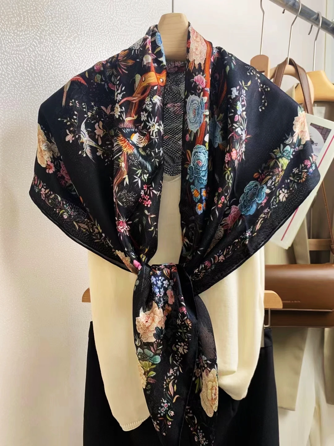 BYSIFA|Black Ladies 100% Silk Scarf Shawl Spring New Floral Square Scarves Winter Brand Pure Silk Scarf Cape Foulard 110*110cm