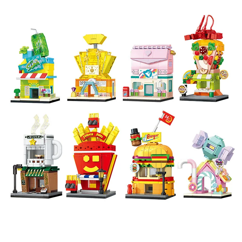 

Creative Architecture Street City Friends Burger King Chips House Coffee Candy Shop Model Building Blocks Drink Retail Store