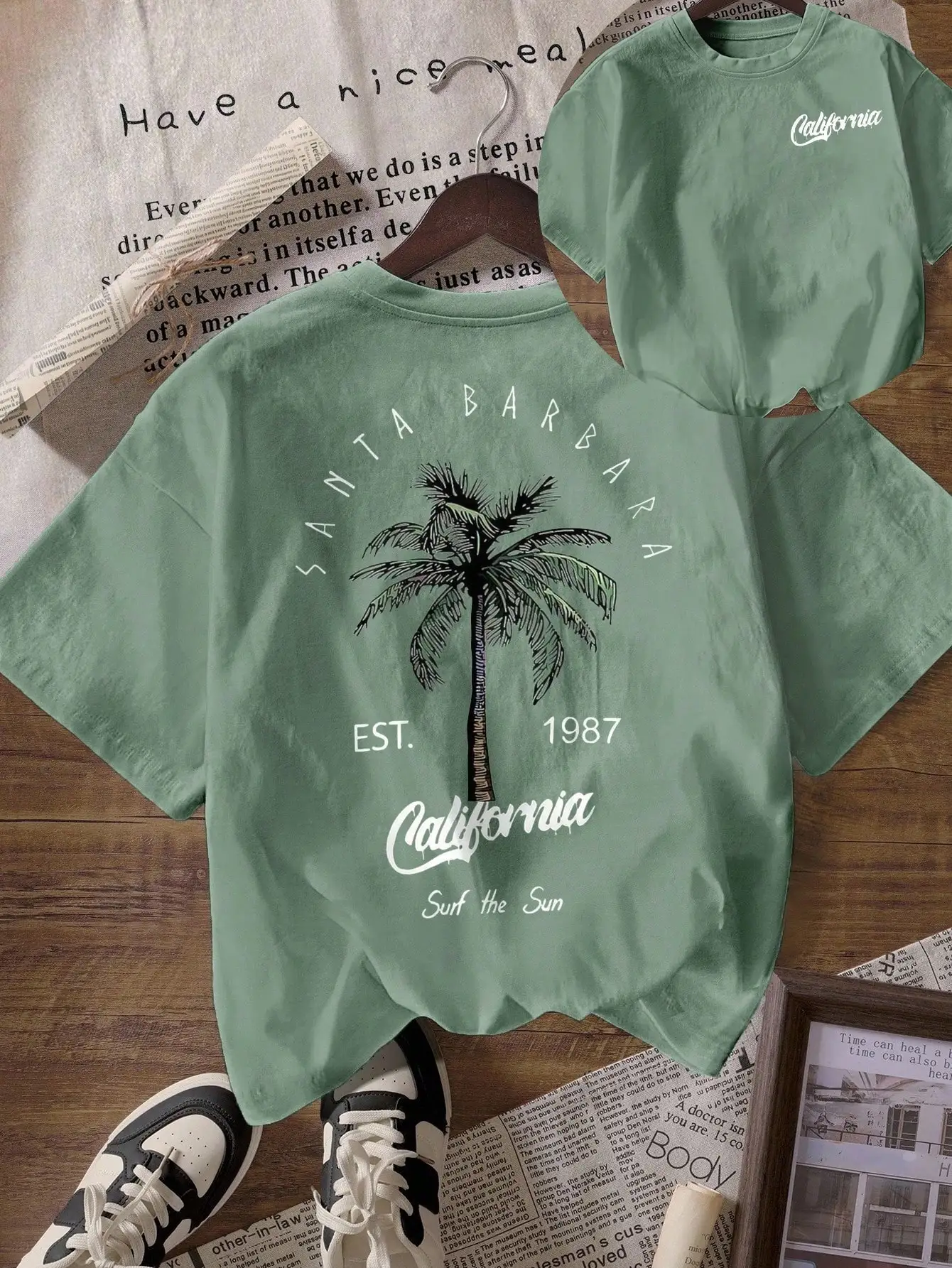 

Женская футболка с рисунком калифорнийской пальмы, повседневный летний пляжный стиль, Santa Barbara Est. 1987