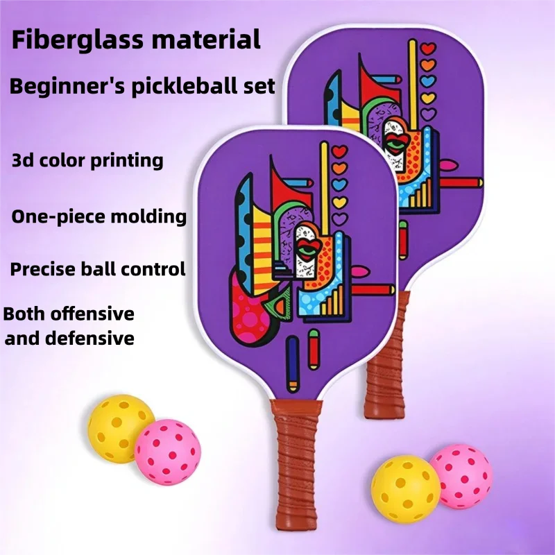 Lightweight fiberglass pickleball paddle set, PP honeycomb core, high elasticity, colorful prints, suitable for beginners