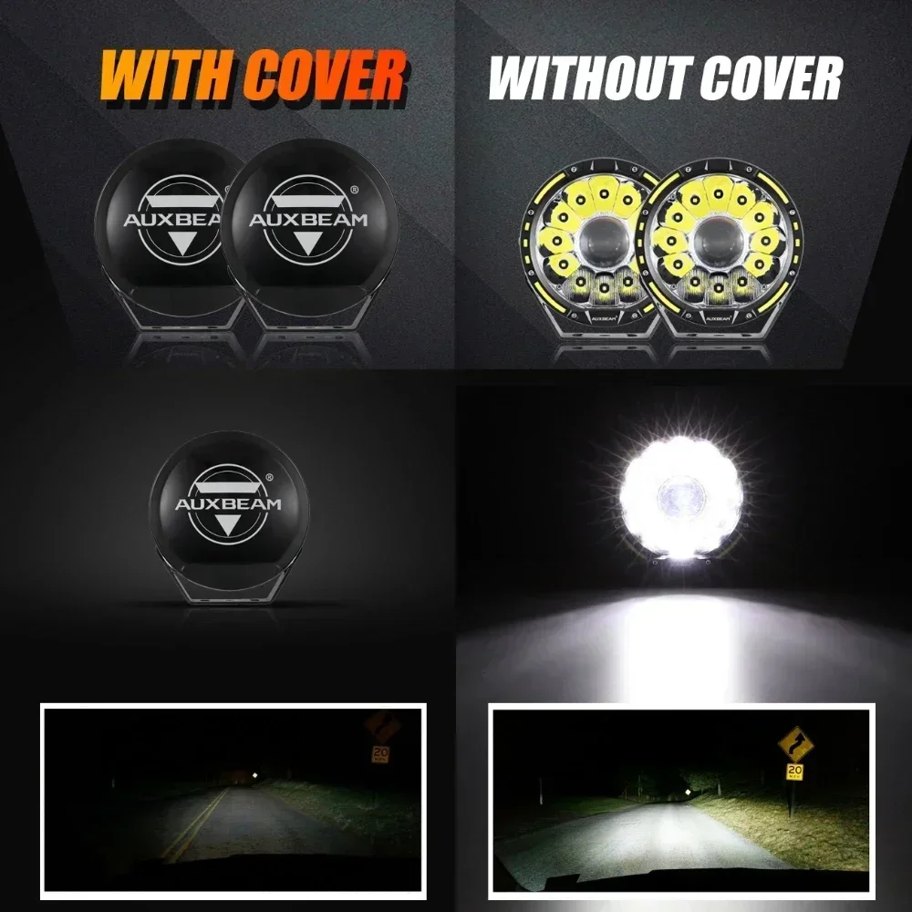 AUXBEAM Proiettore di luce da lavoro con luce di guida a LED rotonda da 7/9 pollici con cablaggio Protezione per PC Shell Super luminoso e legale stradale