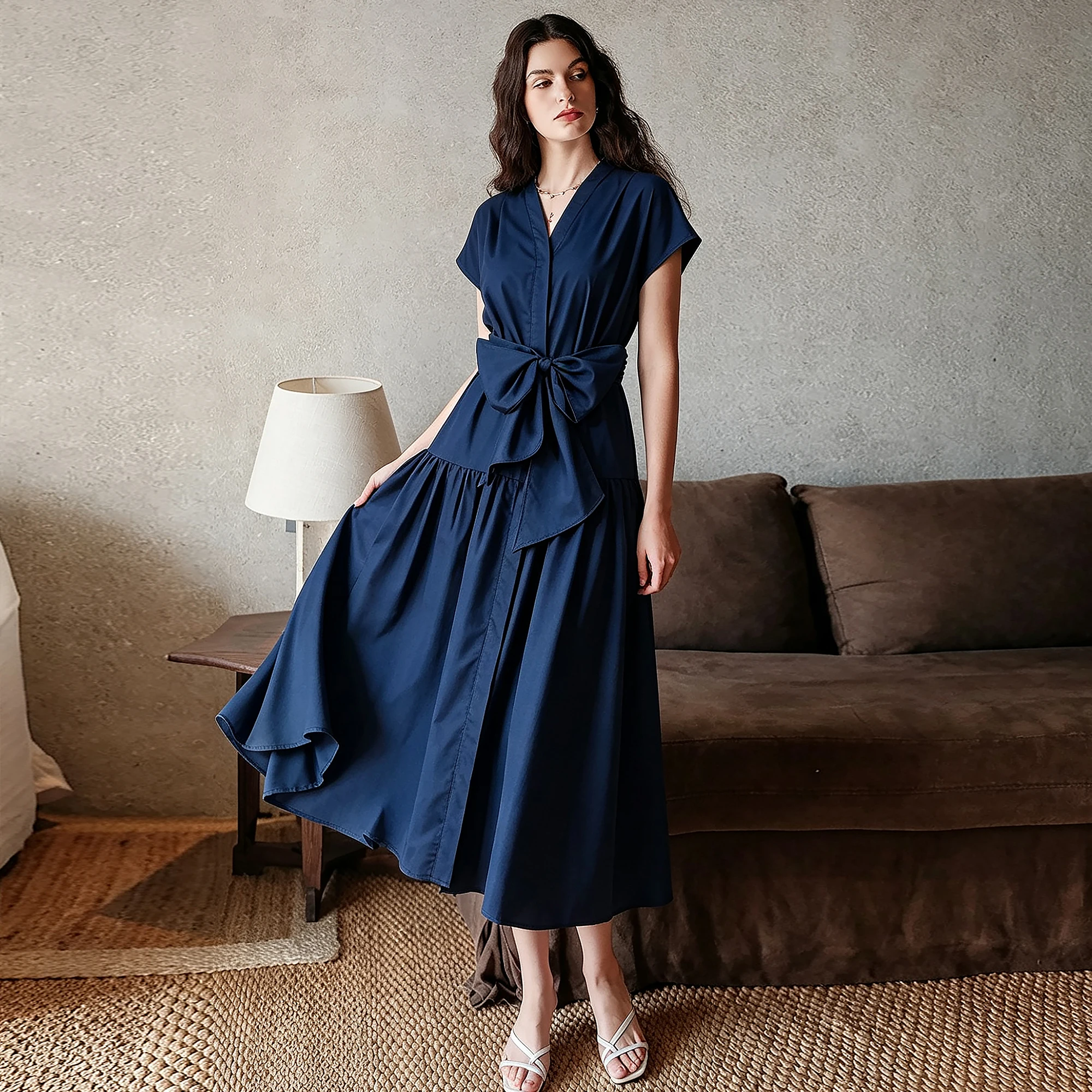 CHCH Women's Commuting Dress Summer New Style Simple navy blue Long Dress Women's Wear